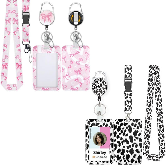 Fashionable Sliding Badge Holder Bowknot Pattern & Leopard Print Plastic Card Holder with Retractable Badge Reel Carabiner & Detachable Lanyard Vertical Card Protector