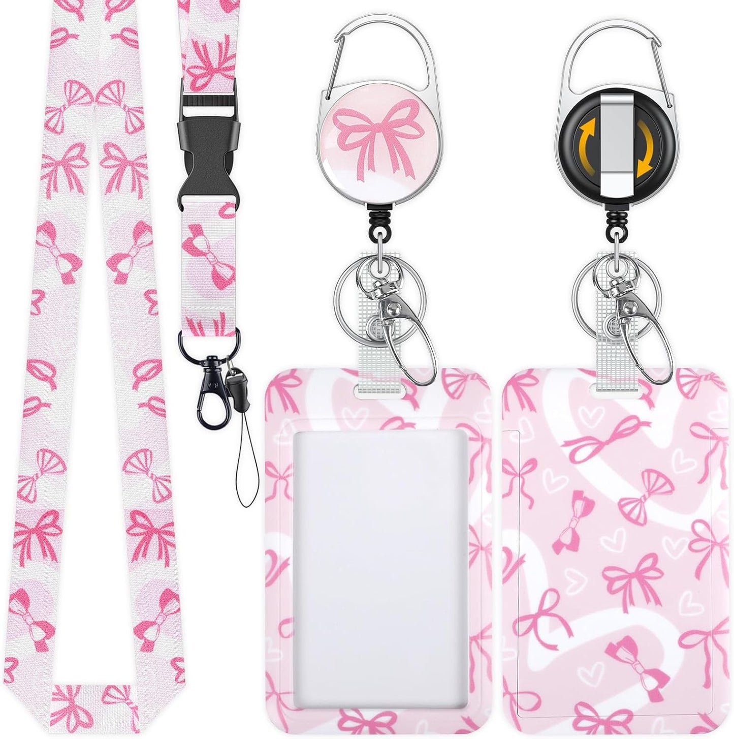 Fashionable Sliding Badge Holder Bowknot Pattern & Leopard Print Plastic Card Holder with Retractable Badge Reel Carabiner & Detachable Lanyard Vertical Card Protector