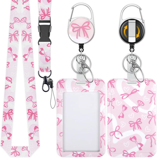 Fashionable Sliding Badge Holder Bowknot Pattern & Leopard Print Plastic Card Holder with Retractable Badge Reel Carabiner & Detachable Lanyard Vertical Card Protector