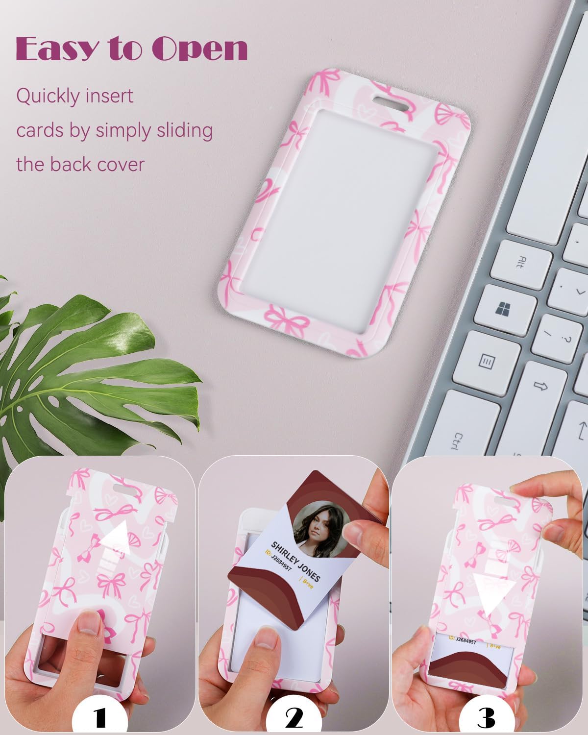 Fashionable Sliding Badge Holder Bowknot Pattern & Leopard Print Plastic Card Holder with Retractable Badge Reel Carabiner & Detachable Lanyard Vertical Card Protector