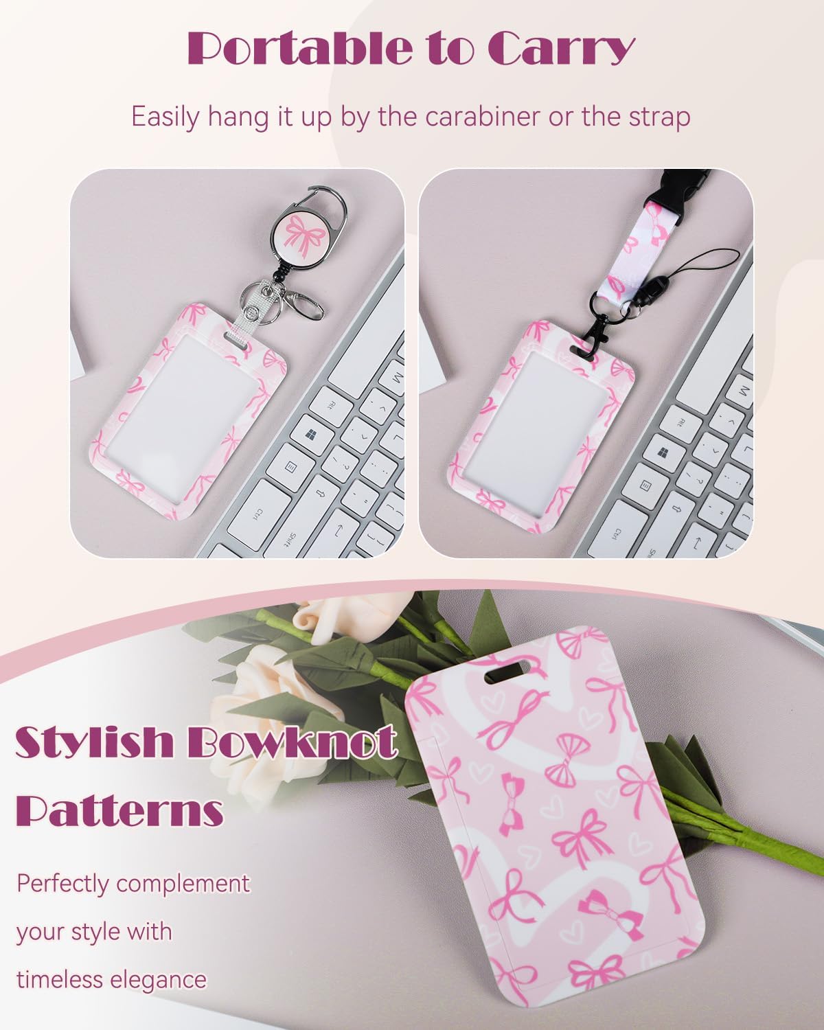 Fashionable Sliding Badge Holder Bowknot Pattern & Leopard Print Plastic Card Holder with Retractable Badge Reel Carabiner & Detachable Lanyard Vertical Card Protector
