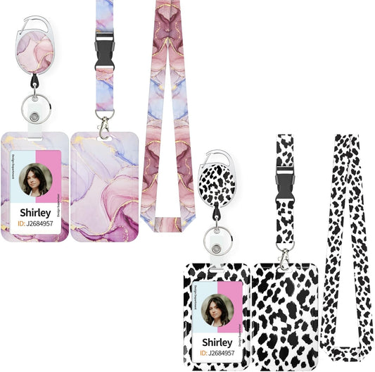 Pink Marble Pattern & Snow Leopard Print Plastic Card Holder with Retractable Badge Reel Carabiner Detachable Lanyard Vertical Card Protector for Office Worker Student