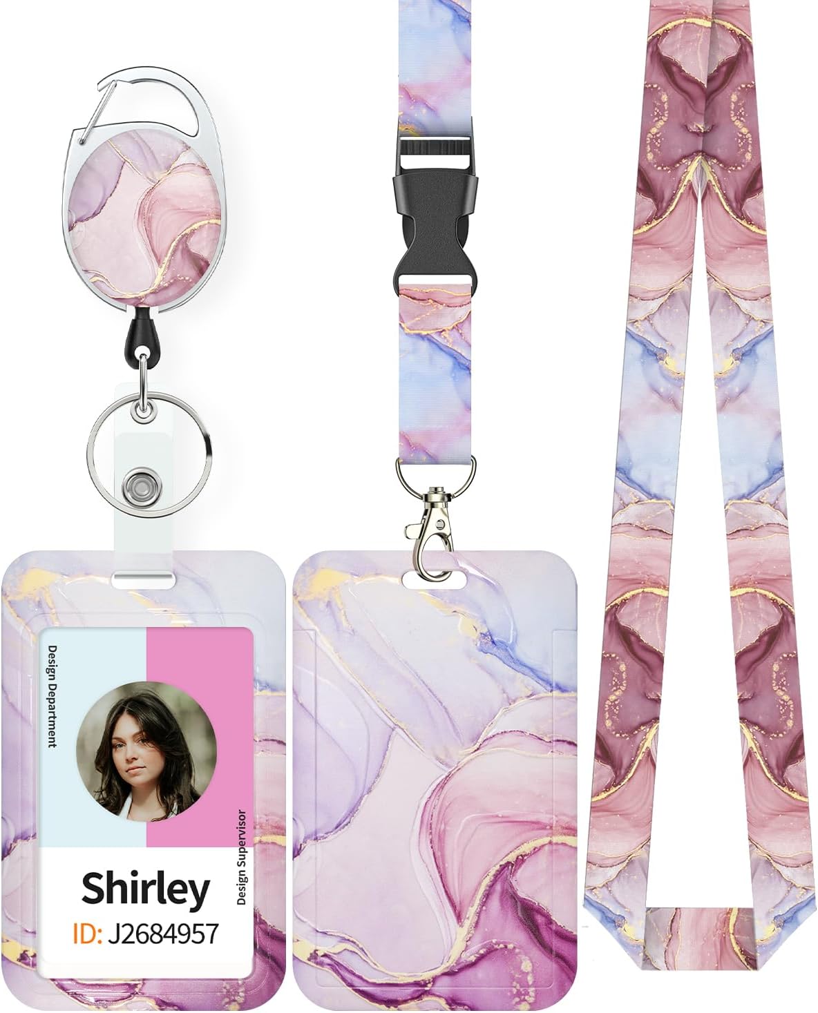 Pink Marble Pattern & Snow Leopard Print Plastic Card Holder with Retractable Badge Reel Carabiner Detachable Lanyard Vertical Card Protector for Office Worker Student
