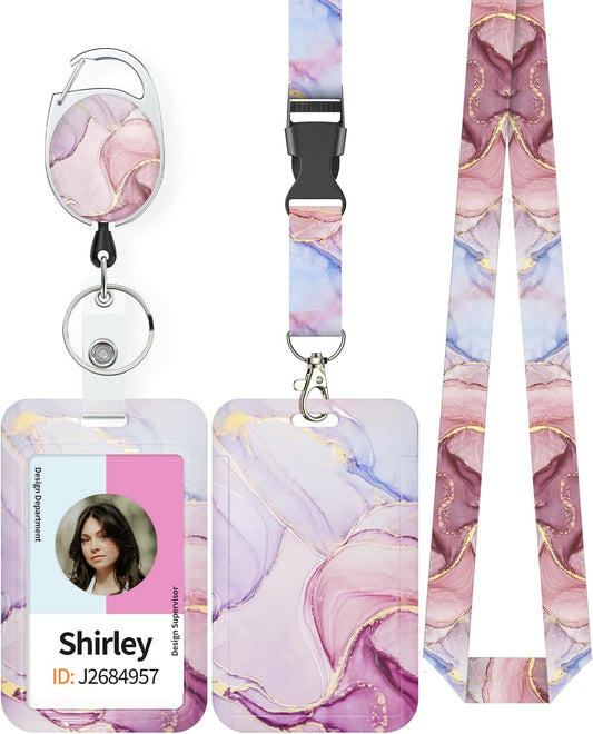 Pink Marble Pattern & Snow Leopard Print Plastic Card Holder with Retractable Badge Reel Carabiner Detachable Lanyard Vertical Card Protector for Office Worker Student