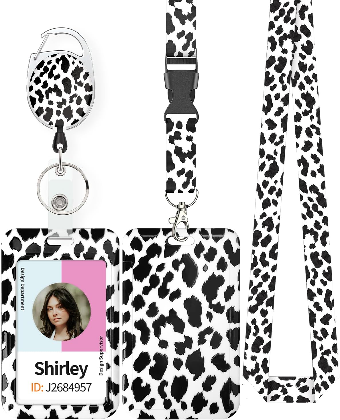 Pink Marble Pattern & Snow Leopard Print Plastic Card Holder with Retractable Badge Reel Carabiner Detachable Lanyard Vertical Card Protector for Office Worker Student