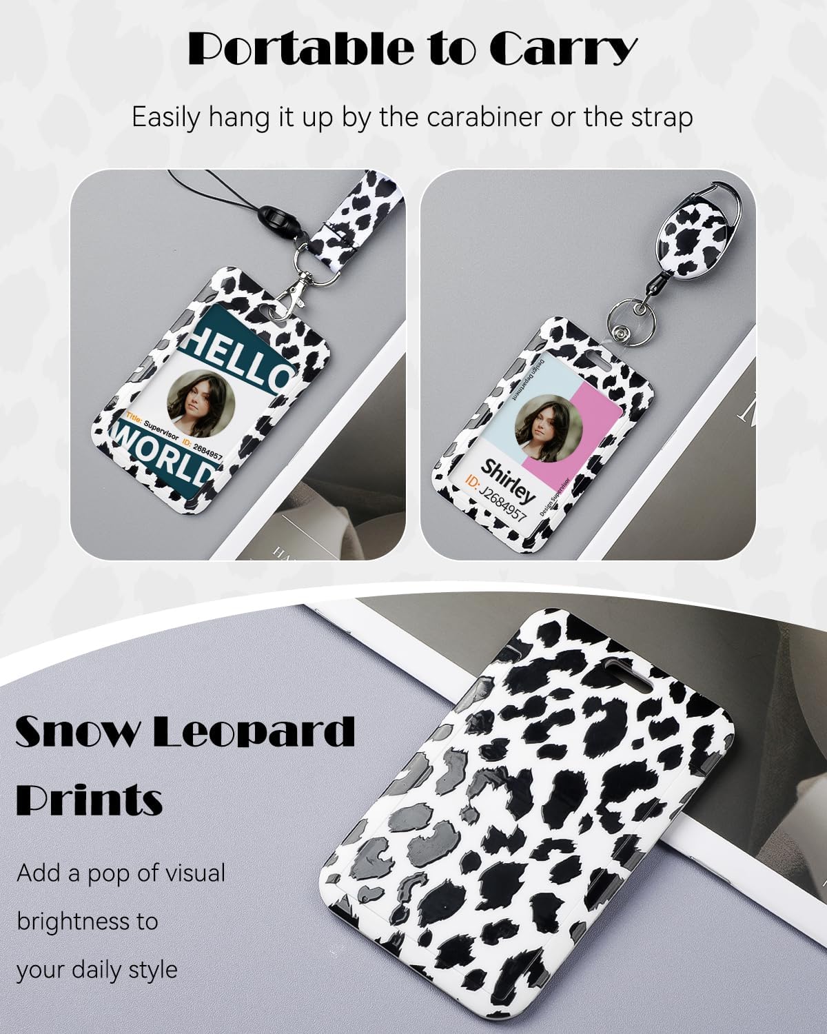 Pink Marble Pattern & Snow Leopard Print Plastic Card Holder with Retractable Badge Reel Carabiner Detachable Lanyard Vertical Card Protector for Office Worker Student