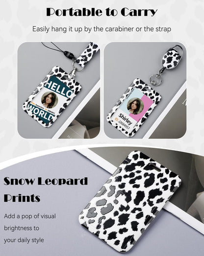 Pink Marble Pattern & Snow Leopard Print Plastic Card Holder with Retractable Badge Reel Carabiner Detachable Lanyard Vertical Card Protector for Office Worker Student