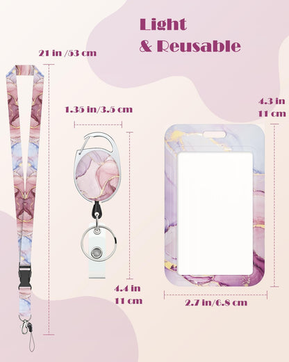 Pink Marble Pattern & Snow Leopard Print Plastic Card Holder with Retractable Badge Reel Carabiner Detachable Lanyard Vertical Card Protector for Office Worker Student