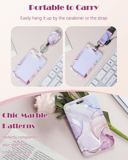 Pink Marble Pattern & Snow Leopard Print Plastic Card Holder with Retractable Badge Reel Carabiner Detachable Lanyard Vertical Card Protector for Office Worker Student