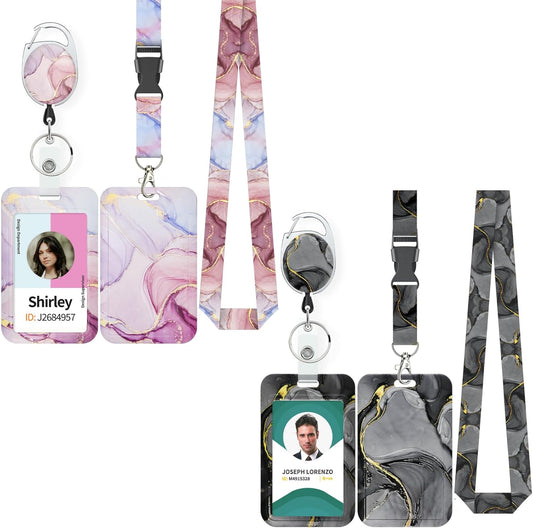 Marbling Sliding Badge Holder Pink & Black Marble Pattern Plastic Card Holder with Retractable Badge Reel Carabiner Detachable Lanyard Vertical Card Protector for Office Worker Student