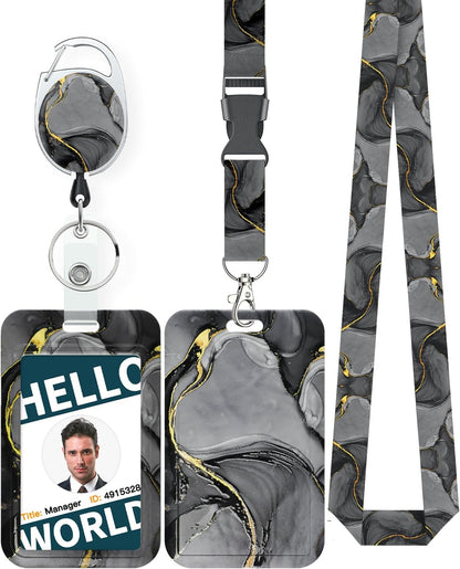 Marbling Sliding Badge Holder Pink & Black Marble Pattern Plastic Card Holder with Retractable Badge Reel Carabiner Detachable Lanyard Vertical Card Protector for Office Worker Student