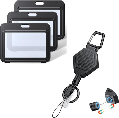 Heavy Duty Retractable Keychain with Magnetic Closure Retractable Badge Reel with3 Pack ID Badge Holder with Double-Sided Windows Horizontal Hard Plastic Case