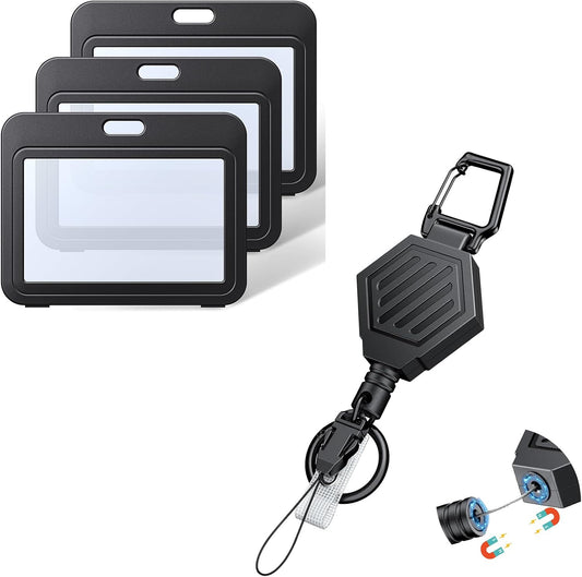 Heavy Duty Retractable Keychain with Magnetic Closure Retractable Badge Reel with3 Pack ID Badge Holder with Double-Sided Windows Horizontal Hard Plastic Case