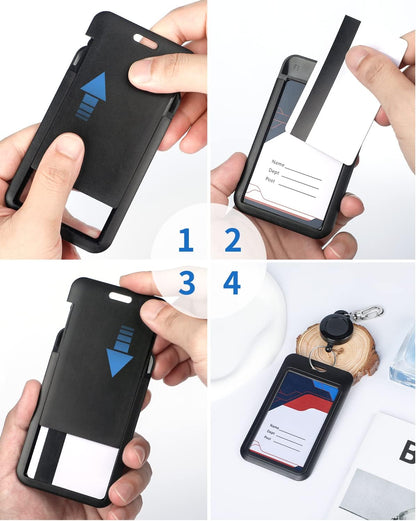 Sliding Badge Holder Vertical Plastic Case with Retractable Keychain Badge Reel for up to 8 oz Hard Card Protector for ID Credit Cards Proximity Key Cards Driver’s Licenses and Passes