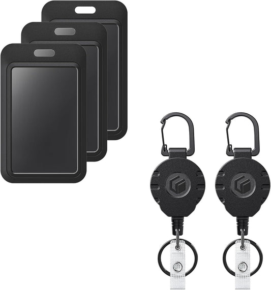 3 Pack Sliding Badge Holder Vertical Plastic Case and 2 Pack Retractable Keychain Badge Reel for up to 8 oz Hard Card Protector
