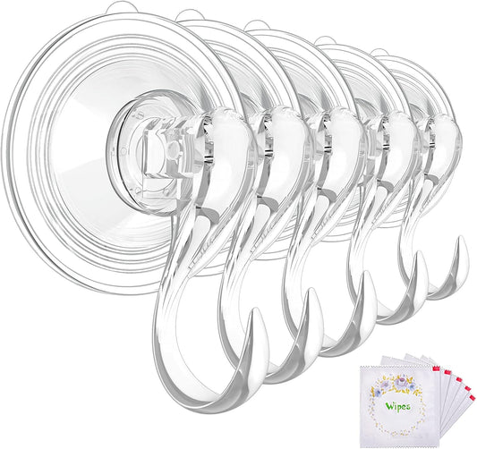 Large Suction Cup Hooks with Wipes, Heavy Duty, Removable and Reusable, Clear, 5 Pcs