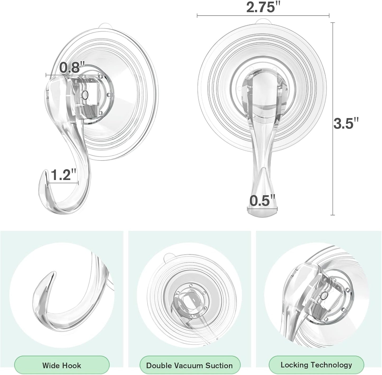 Large Suction Cup Hooks with Wipes, Heavy Duty, Removable and Reusable, Clear, 5 Pcs