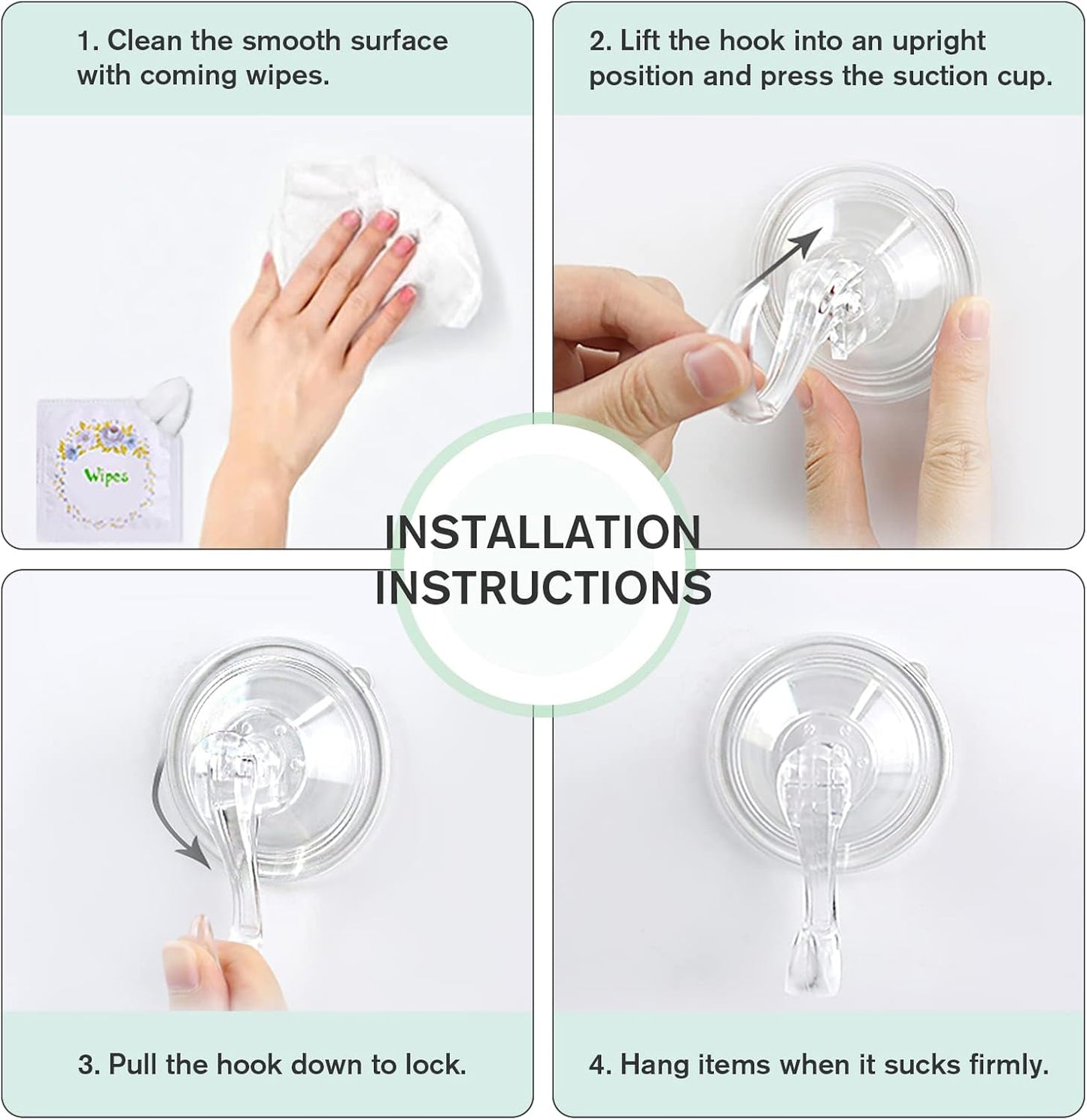 Large Suction Cup Hooks with Wipes, Heavy Duty, Removable and Reusable, Clear, 5 Pcs
