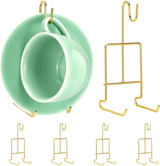 6 Pack Gold Tea Cup and Saucer Display Stand Holder Rack for China Coffee Mugs Organizer – Teacup Easel for Kitchen, Dining Room, and Curio Cabinet Displays