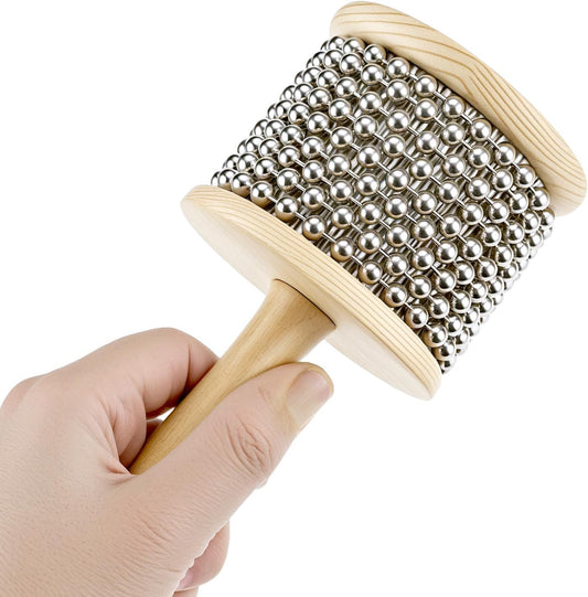Wooden Cabasa Percussion Musical Instrument, 3.5 Inch Stainless Steel Beaded Shaker with Wooden Handle, Professional Rhythm Maker, 3.54" x 7.28"