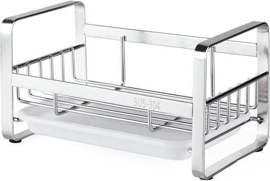 Kitchen Sink Sponge Holder, 304 Stainless Steel Kitchen Soap Dispenser Caddy Organizer, Countertop Soap Dish Rack Drainer with Removable Drain Tray, not Including Dispenser and Brush
