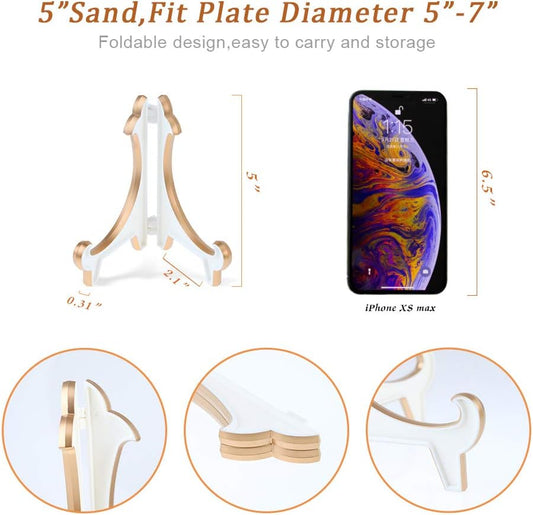 2 Pack 5inch White Gold Thicken Acrylic Easels Display Stand Plate Stand Holder display Pictures Frame ,Decorative Plates, and Artworks
