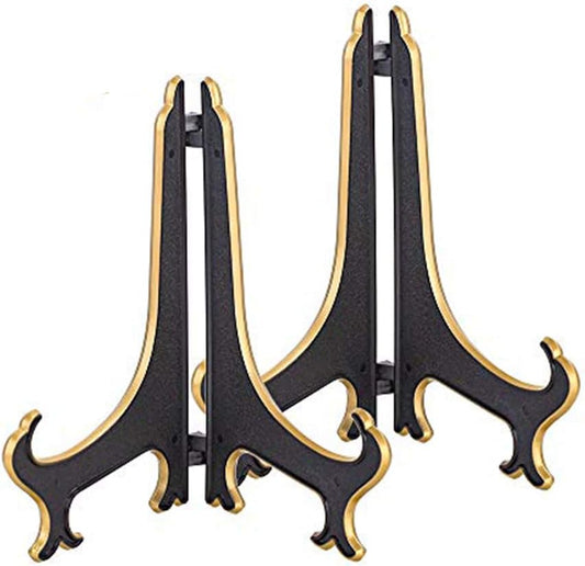 8 Inch Plate Display Stand - Adjustable Easel Holder for Decorative Plates, Pictures, Cookbooks - Black Gold Tabletop Stands with Foldable Design - 2 Pack