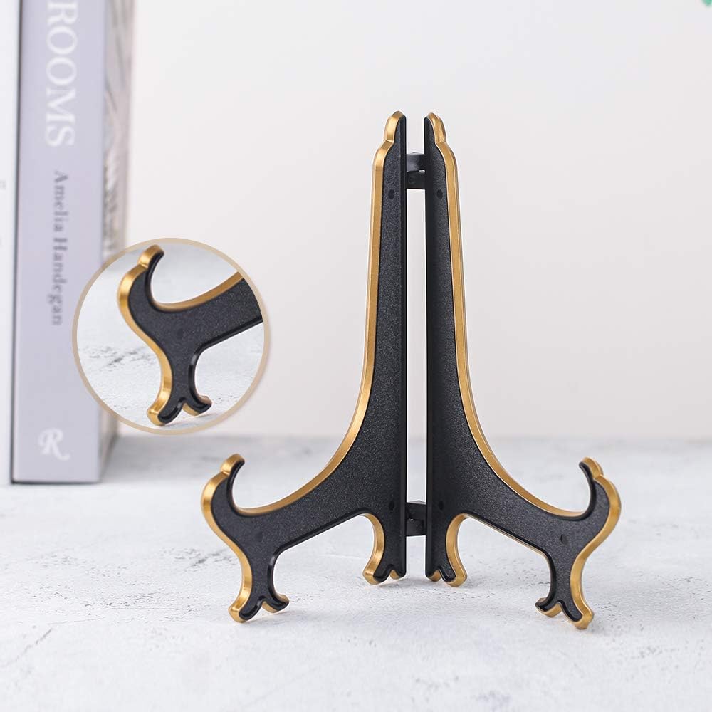 8 Inch Plate Display Stand - Adjustable Easel Holder for Decorative Plates, Pictures, Cookbooks - Black Gold Tabletop Stands with Foldable Design - 2 Pack
