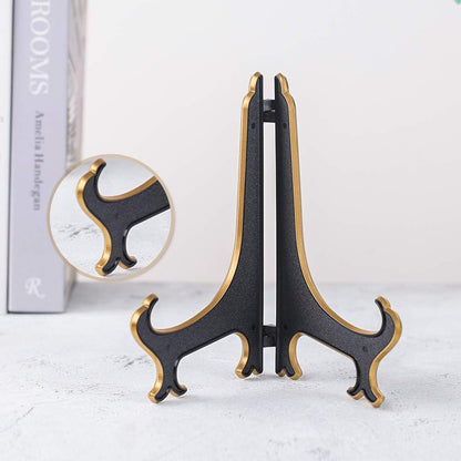 8 Inch Plate Display Stand - Adjustable Easel Holder for Decorative Plates, Pictures, Cookbooks - Black Gold Tabletop Stands with Foldable Design - 2 Pack