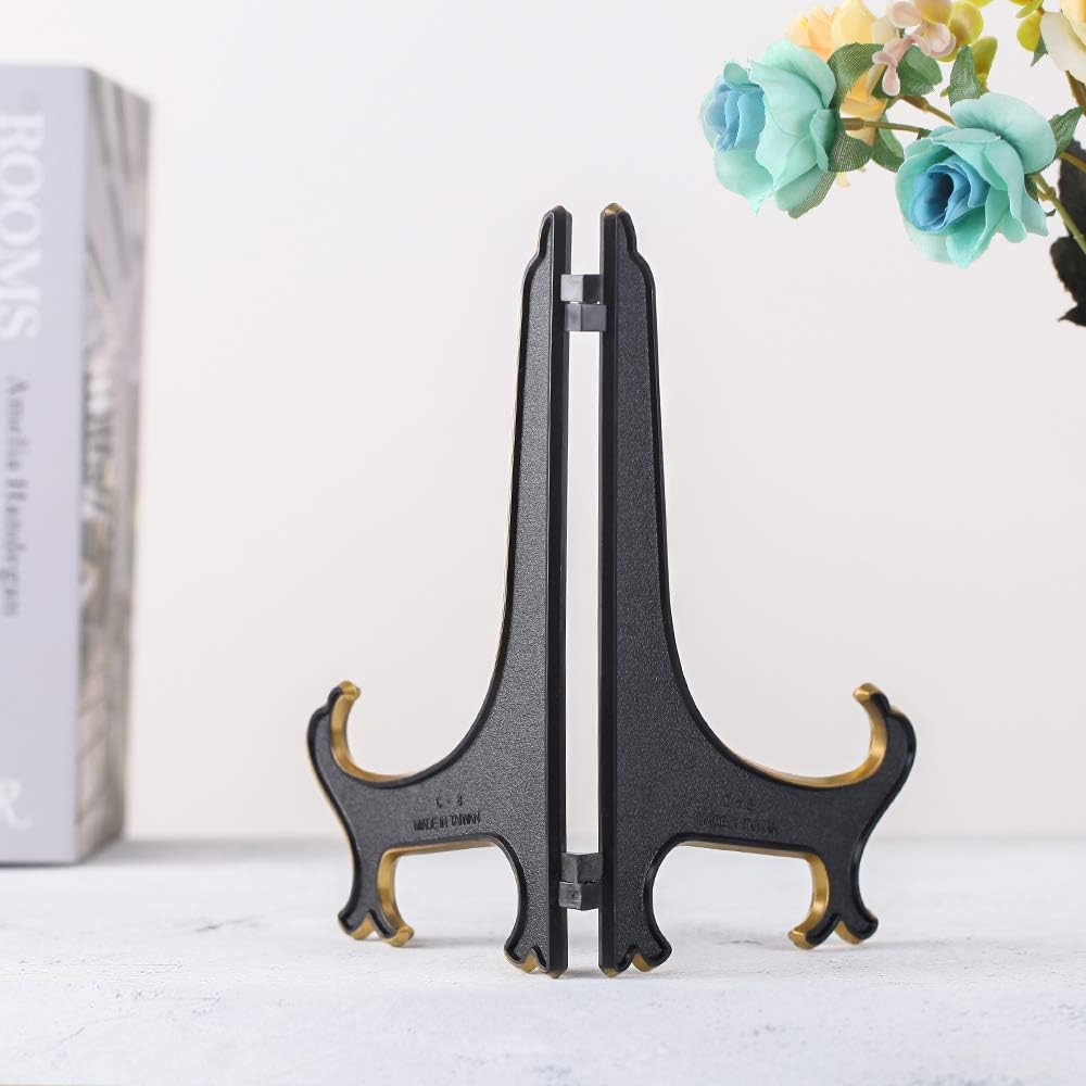 8 Inch Plate Display Stand - Adjustable Easel Holder for Decorative Plates, Pictures, Cookbooks - Black Gold Tabletop Stands with Foldable Design - 2 Pack