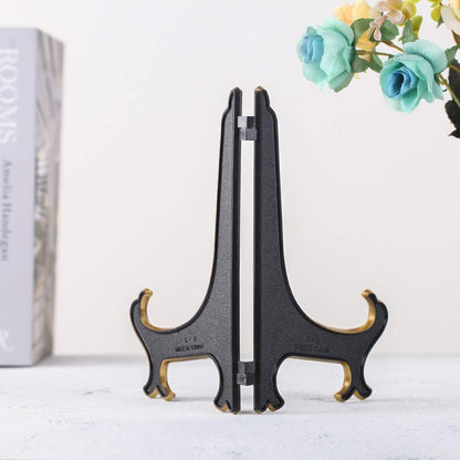 8 Inch Plate Display Stand - Adjustable Easel Holder for Decorative Plates, Pictures, Cookbooks - Black Gold Tabletop Stands with Foldable Design - 2 Pack