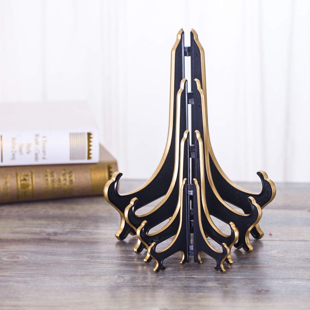 8 Inch Plate Display Stand - Adjustable Easel Holder for Decorative Plates, Pictures, Cookbooks - Black Gold Tabletop Stands with Foldable Design - 2 Pack