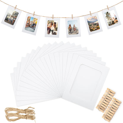 20Pcs Paper Photo Frames, 4x6Inch White Picture Display Holders, Cardborad Picture Frames with String and Clips, DIY Graduation Photo Hanging Banner for Home, Classroom, Offices
