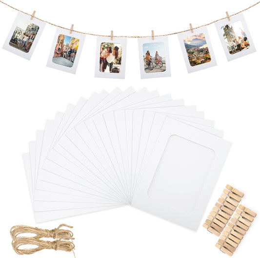 20Pcs Paper Photo Frames, 4x6Inch White Picture Display Holders, Cardborad Picture Frames with String and Clips, DIY Graduation Photo Hanging Banner for Home, Classroom, Offices