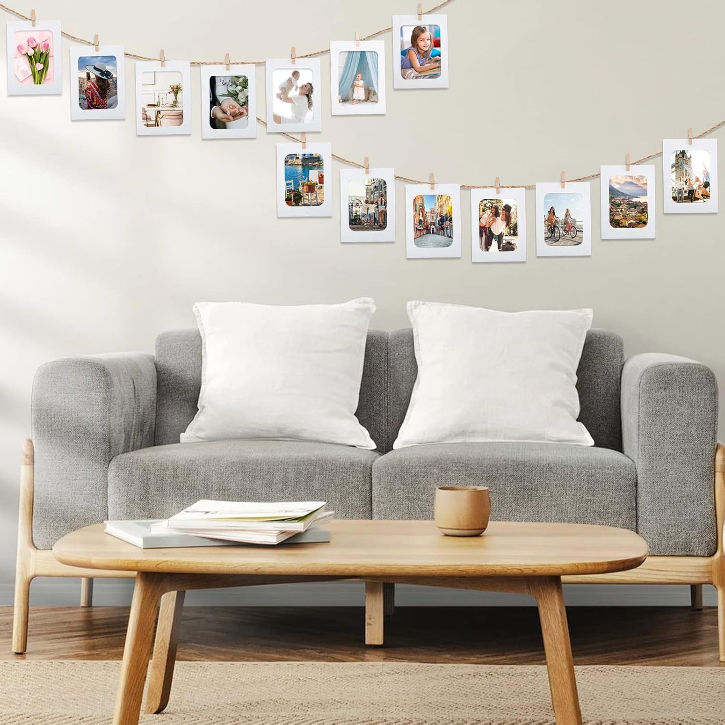 20Pcs Paper Photo Frames, 4x6Inch White Picture Display Holders, Cardborad Picture Frames with String and Clips, DIY Graduation Photo Hanging Banner for Home, Classroom, Offices