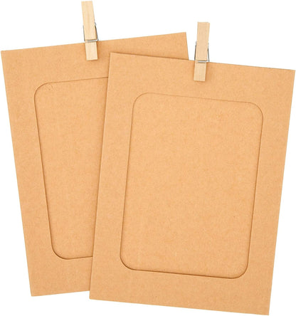 30Pcs Brown Paper Picture Frames, 4x6 inch Cardboard Photo Frames with Wooden Clips and String, DIY Picture Frames for Kids Artwork, Bedroom, Classroom Wall Decor Hanging Photo Display