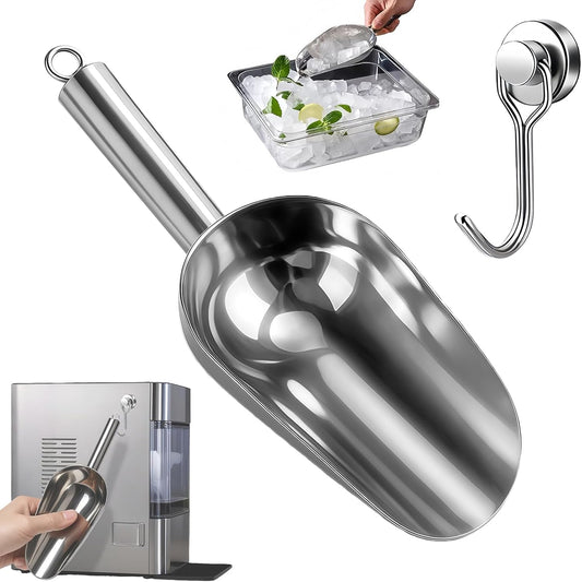 Ice Scoop for Freezer with Metal Hook Stainless Steel Ice Scooper for Ice Maker Metal Scooper for Kitchen Gadgets Cookie Flour Pet Dog Food Scoop Kitchen Bar Party Accessories (Silver-8oz)