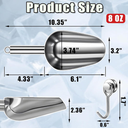 Ice Scoop for Freezer with Metal Hook Stainless Steel Ice Scooper for Ice Maker Metal Scooper for Kitchen Gadgets Cookie Flour Pet Dog Food Scoop Kitchen Bar Party Accessories (Silver-8oz)