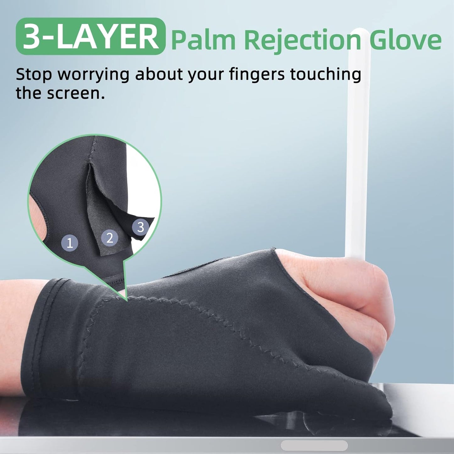 Artist Drawing Glove 3-Layer Palm Rejection [2 Pack Black] Right Left Hand Digital Art Graphic Tablet iPad Gloves Two Finger Smooth Elasticity Breathable for Stylus Pen Pencil Sketching Painting