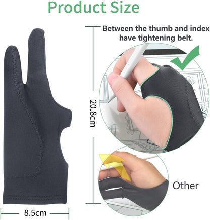 Artist Drawing Glove 3-Layer Palm Rejection [2 Pack Black] Right Left Hand Digital Art Graphic Tablet iPad Gloves Two Finger Smooth Elasticity Breathable for Stylus Pen Pencil Sketching Painting