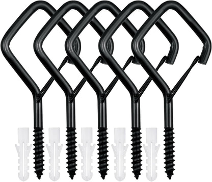 5 PCS Black Eye Screw Hooks, 4 Inch Ceiling Hooks for Hanging Heavy Duty Items with Safety Buckle – Metal Eye Bolt Hooks for Hanging Plants, Wind Chimes, Bird Feeders, String Lights, and More
