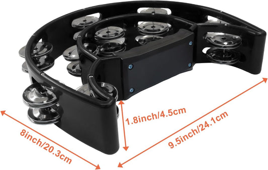 Tambourine Double Row, Metal Jingles Hand Held Percussion, Half Moon Tambourine for Kids/Adults/Party Kids-Black