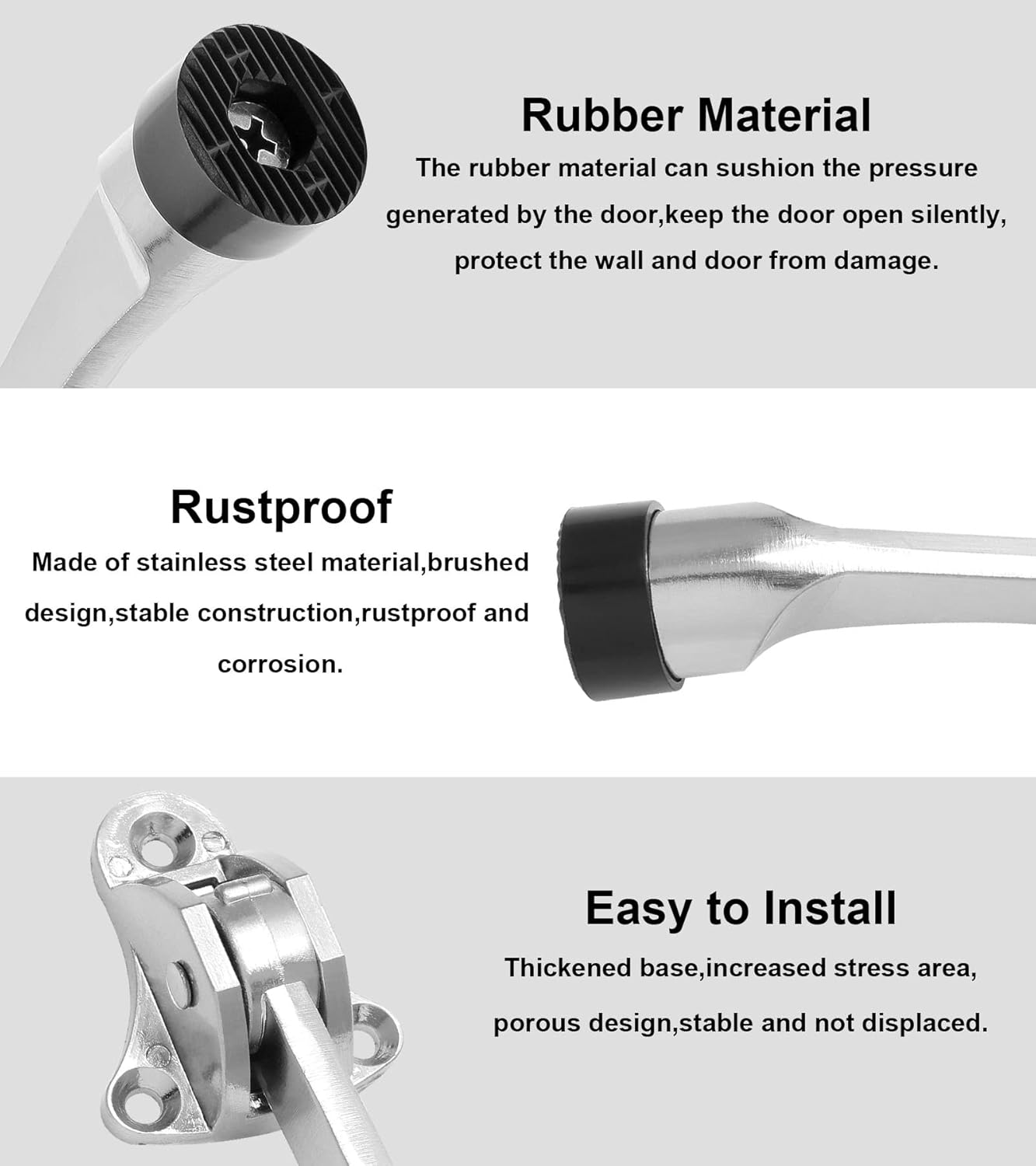 2pcs 4 Inch KickDown Door Stopper, Heavy Duty Door Stop with Non-Slip Rubber Tip for Wood Concrete Tiled Carpeted Floors, Brushed Nickel