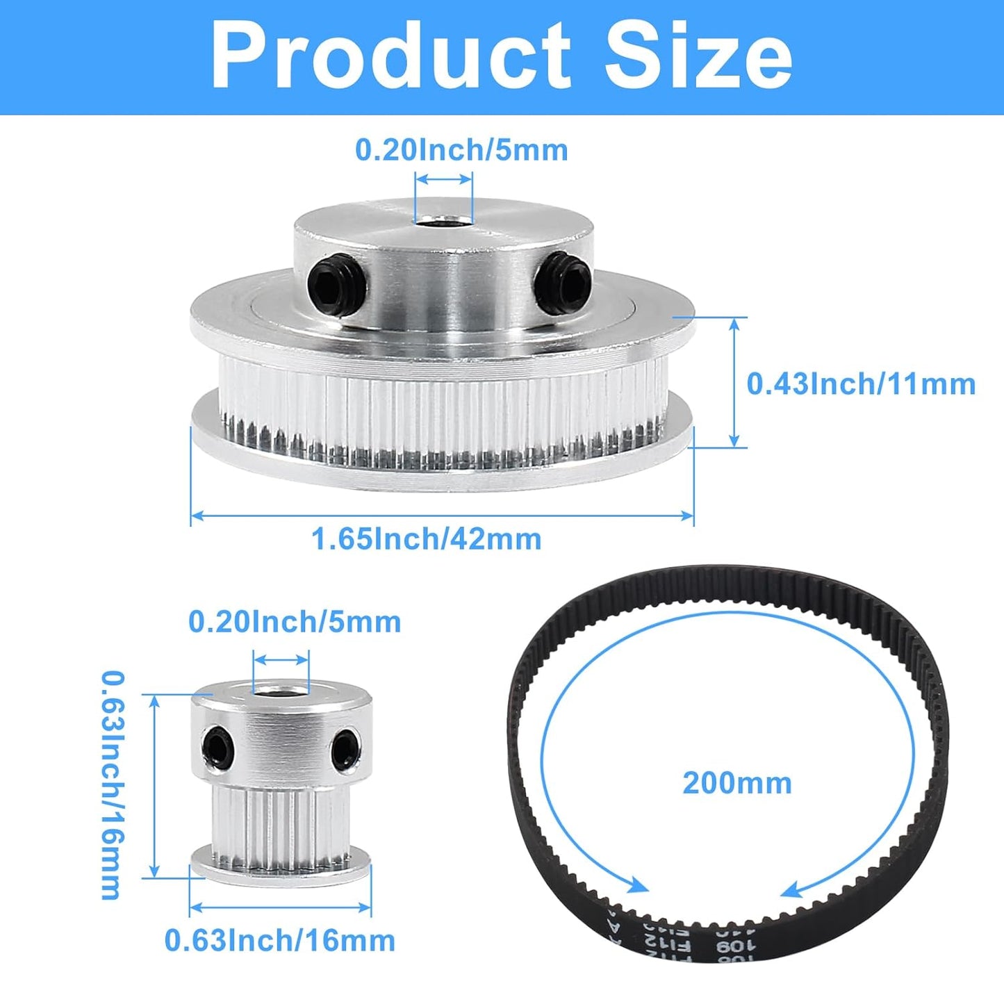 2Pcs Set GT2 Synchronous Wheel 20&60 Teeth 5mm Bore Aluminum Timing Pulley with 2Pcs Length 200mm Width 6mm Belt