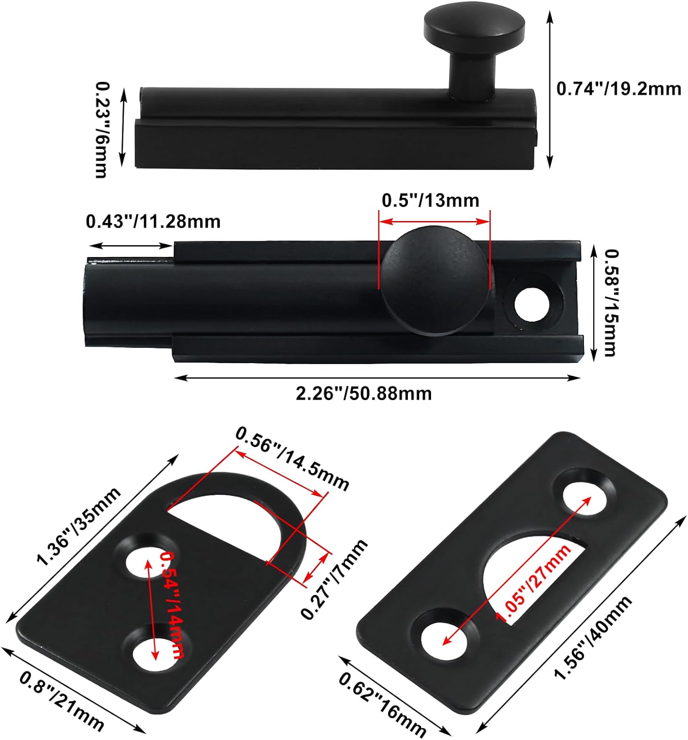 Sliding Deadbolt, Heavy Duty Solid Brass Surface Bolt, Door Slide Lock Anti Theft Security Door Latch Lock with Screws(Black,2 Inch)