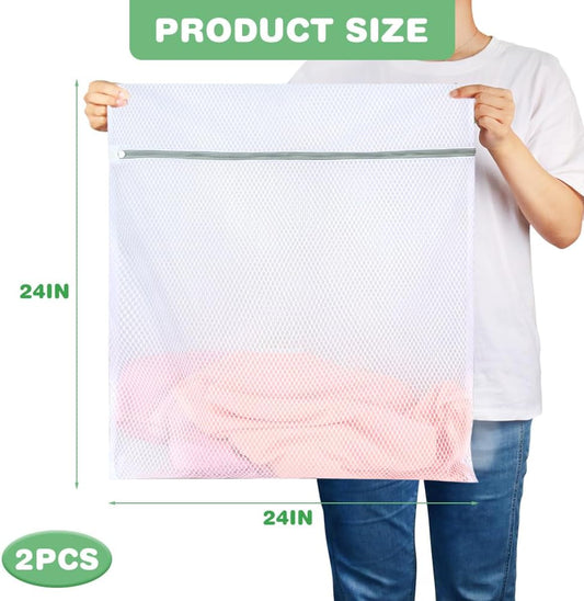 Durable Honeycomb Mesh Laundry Bags, 2 XX-Large 24in x 24in Washing Delicate Bags with Colorful Zipper for Huge Clothes, Curtain, Coverlet, Carpet