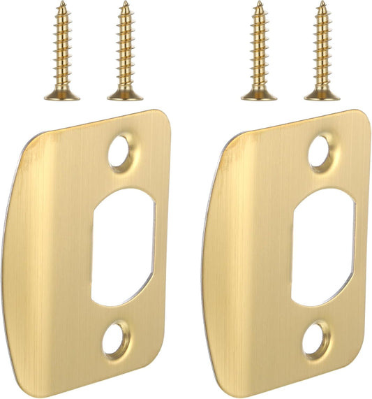 Door Strike Plate 2-1/4"x1-3/4", 2 Pcs Universal Round Corner Design Gold Stainless Steel Construction Extended Lip Door Latch Plates Hardware with 4 Pcs 0.8" Screws for Interior/Exterior Doors