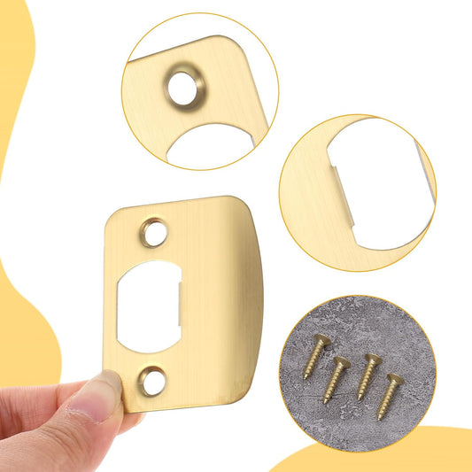 Door Strike Plate 2-1/4"x1-3/4", 2 Pcs Universal Round Corner Design Gold Stainless Steel Construction Extended Lip Door Latch Plates Hardware with 4 Pcs 0.8" Screws for Interior/Exterior Doors
