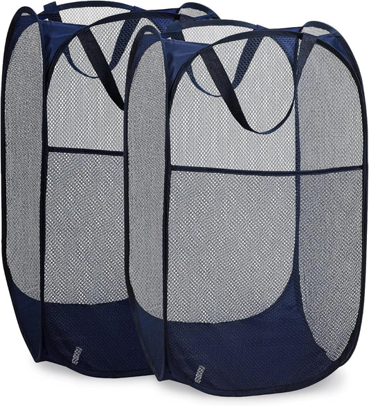 Collapsible Mesh Pop Up Laundry Hamper 2-Pack – Large Foldable Laundry Basket with Side Pocket, Breathable & Durable, Space-Saving for Clothes, Toys, Travel, Dorm, Bedroom, Blue