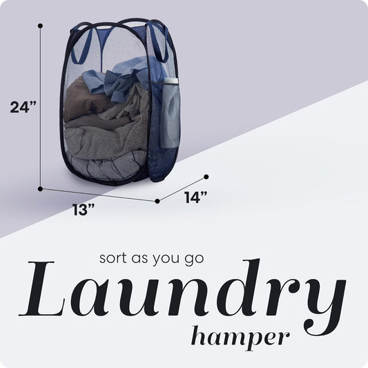 Collapsible Mesh Pop Up Laundry Hamper 2-Pack – Large Foldable Laundry Basket with Side Pocket, Breathable & Durable, Space-Saving for Clothes, Toys, Travel, Dorm, Bedroom, Blue